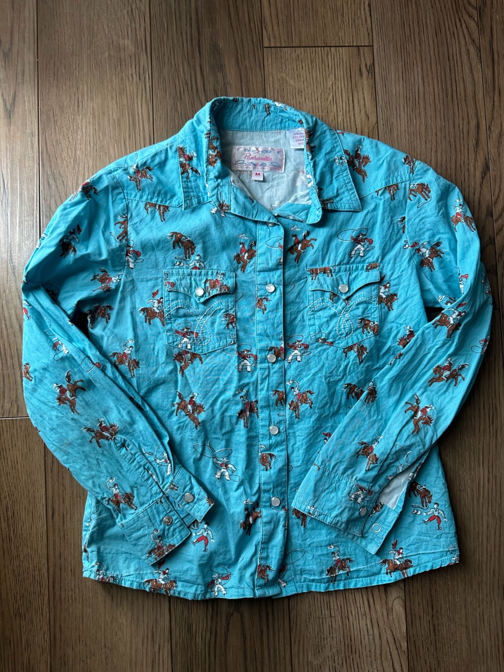 Kids Western Print Button-Down Shirt in Teal